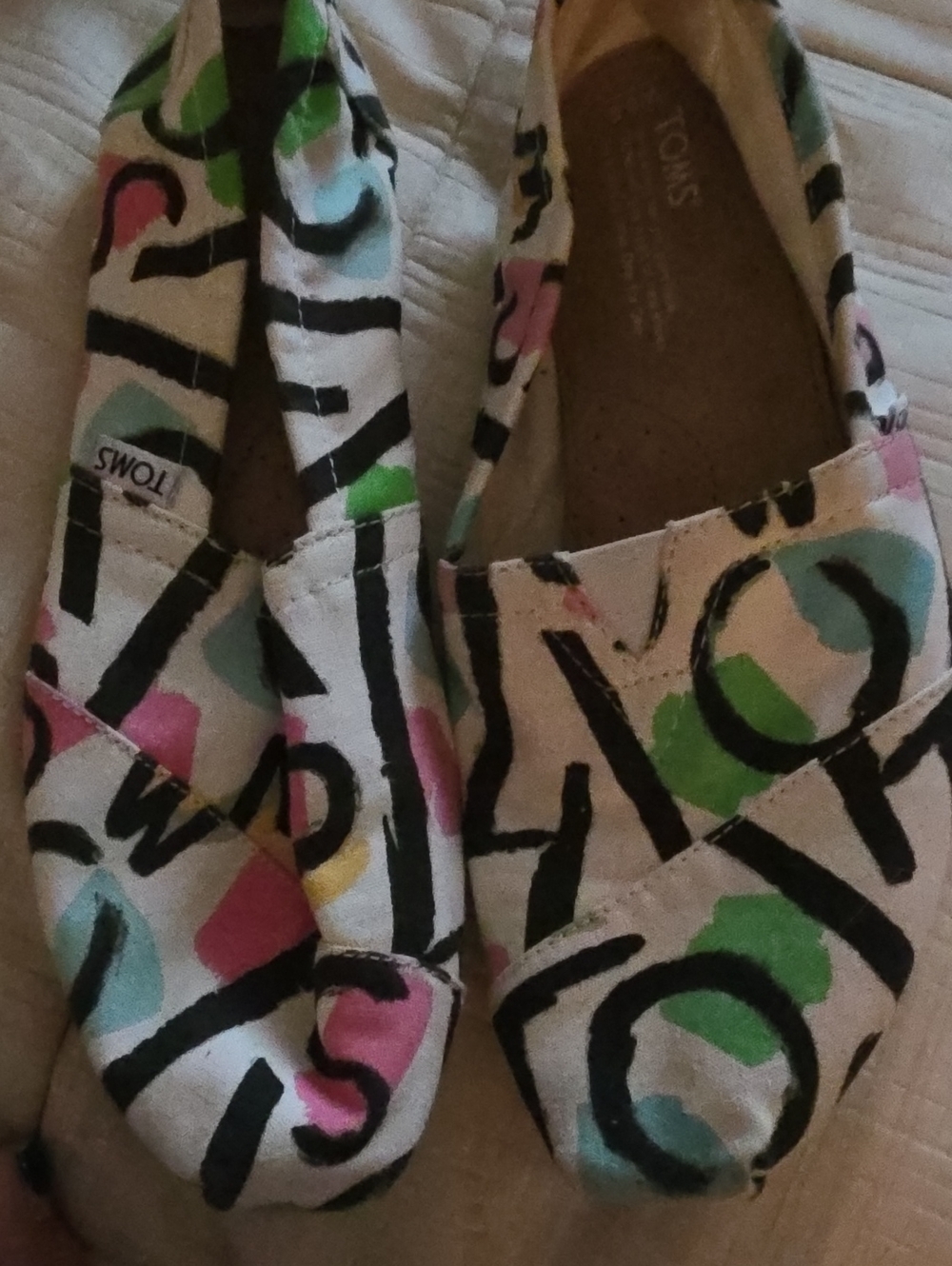 Toms Canvas Slip-On Moccasins in White with Pink, Green, Blue Accents